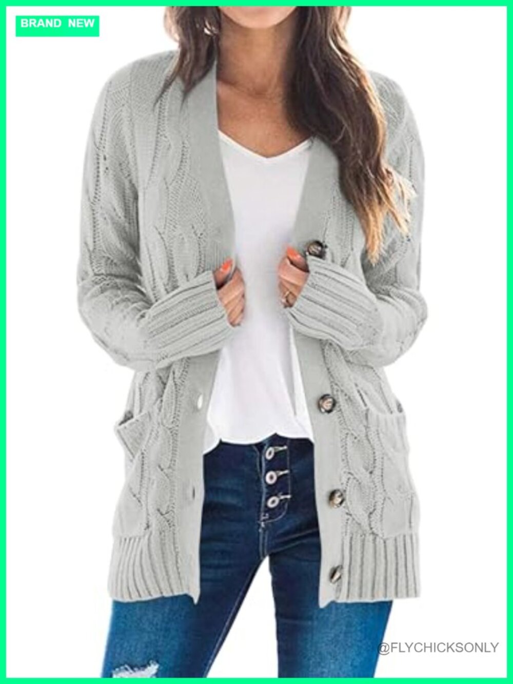 Cable Knit Button Down Cardigan Sweater Long Sleeve Loose Fit
